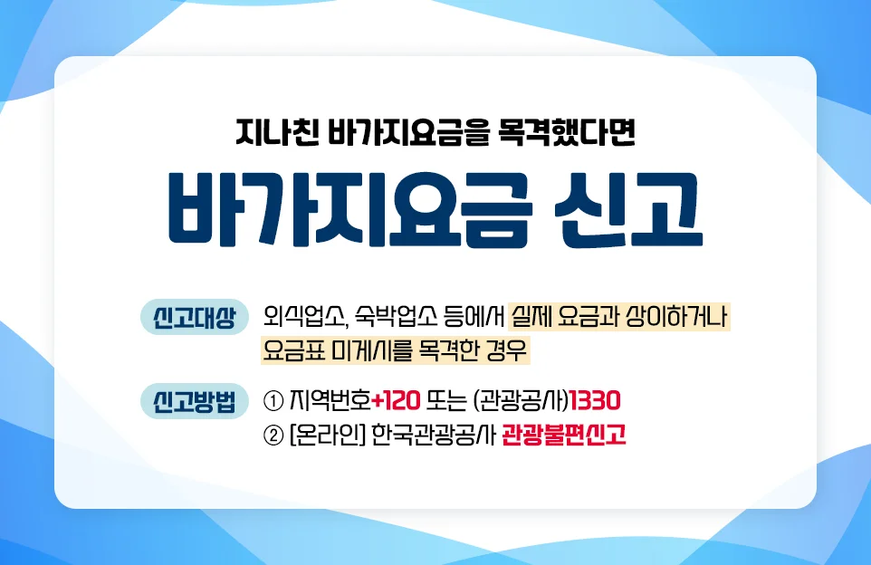 지나친 바가지요금을 목격했다면
바가지요금 신고
신고대상 : 외식업소, 숙박업소 등에서 실제 요금과 상이하거나 요금표 미게시를 목격한 경우
신고방법 : ① 지역번호+120 또는 (관광공사)1330
② [온라인] 한국관광공사 관광불편신고