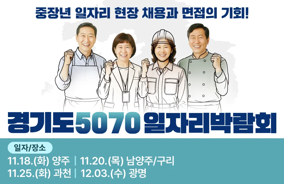 중장년 일자리 현장 채용과 면접의 기회!

경기도 5070 일자리박람회

일자/장소
11.18.(화) 양주 | 11.20.(목) 남양주/구리
11.25.(화) 과천 | 12.03.(수) 광명