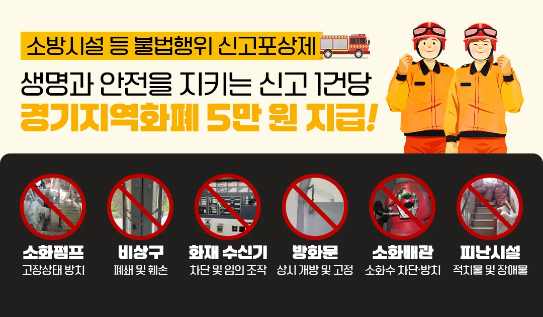 소방시설 등에 대한 불법행위 신고포상제

생명과 안전을 지키는 신고 1건당
경기지역화폐 5만 원 지급!

- 소화펌프 / 고장상태 방치
- 비상구 / 폐쇄 및 훼손
- 화재 수신기/ 차단 및 임의 조작
- 방화문 / 상시 개방 및 고정
- 소화배관 / 소화수 차단·방치
- 피난시설 / 적치물 및 장애물