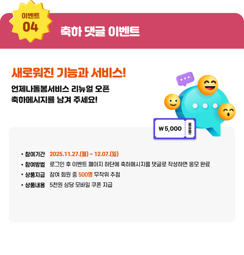 축하 댓글 이벤트. 언제나돌봄서비스 리뉴얼 오픈 축하메시지를 남겨 주세요! 참여기간: 2025.11.27.(월) ~ 12.07.(일), 참여방법: 로그인 후 이벤트 페이지 하단에 축하메시지를 댓글로 작성하면 응모 완료, 상품지급: 참여 회원 중 600명 무작위 추첨, 상품내용: 5천원 상당 모바일 쿠폰 지급