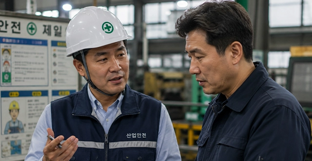 (※AI로 생성된 이미지입니다)공장을 찾아가 근로자와 함께 사전예방 점검을 하고 있는 노동감독관