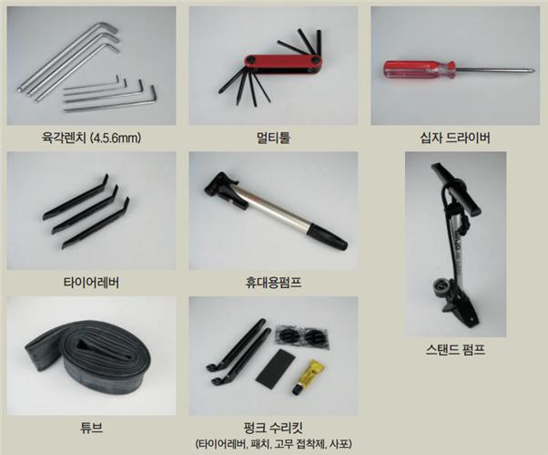 기초정비를 위한 기본공구(육각렌치 4,5,6mm / 멀티툴/ 십자 드라이버 / 타이어레버 / 휴대용펌프 / 튜브 / 펑크 수리킷,타이어레버,패치,고무 접착제, 사포/ 스탠드 펌프) 사진