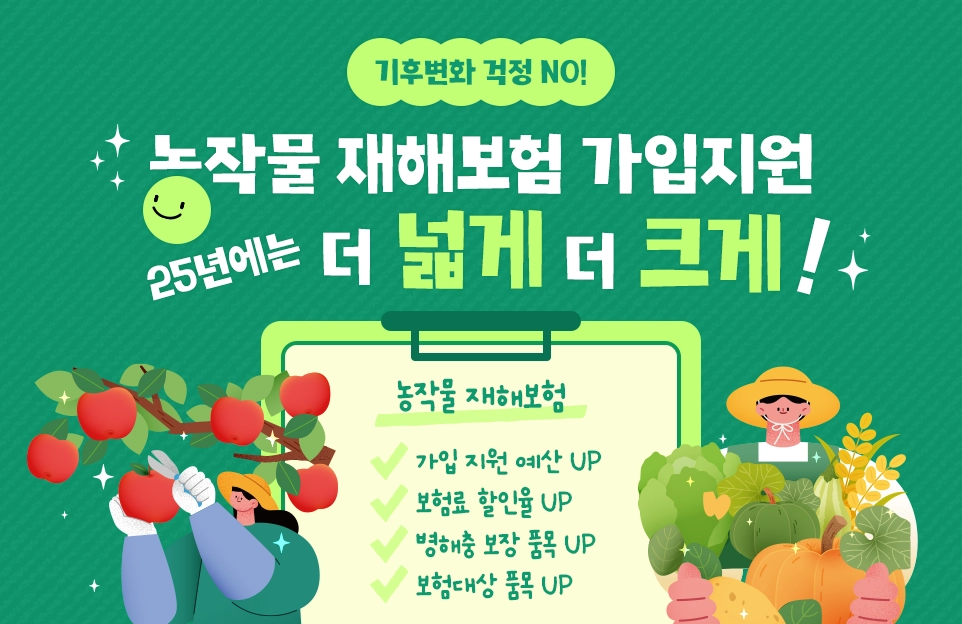 기후변화 걱정 NO!

농작물 재해보험 가입지원
25년에는 더 넓게 더 크게!

가입 지원 예산 UP
보험료 할인율 UP
병해충 보장 품목 UP
보험대상 품목 UP