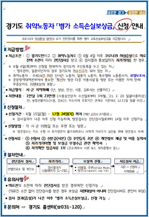 지급방법 지급조건 : ① 경기도민이고 ② 취약노동자로 ③ 6월 4일 이후 코로나19 의심증상으로 의료진의 소견에 따라 진단검사를 받고 ④ 검사결과 통보일까지 자가격리를 한 경우 ※ 6월 4일(목)부터 신청일 현재까지 경기도에 주민등록을 두고 있는 자    - 영주권자, 결혼이민자의 경우 경기도에 거소신고가 되어 있는 자 ※ 취약노동자 : 주40시간 미만 단시간 노동자, 일용직 노동자, 특수형태 노동종사자, 요양보호사   ※ 중앙방역대책본부에서 통보한 ‘확진자 방문 다중 이용시설’을 방문 또는 이용한 자에 한해 무증상자도 지원대상에 포함 ◾지급형식 : 시·군 지역화폐 (단, 성남, 안산, 시흥, 김포시는 선불카드)  ◾지원내용 : 1인당 1회 23만원 (사용승인문자 수신일로부터 3개월, ’21. 2. 20 일괄사용마감)           단, 농협선불카드(시흥, 김포)는 카드자체 유효기간 관계로 기존대로 12.31일 일괄 마감▮신청절차 ◾신청기간 : 6월 15일(월) ~ 12월 24일(목) 까지 (예산 소진시 조기종료)      ※ 검사결과가 나온 이후 신청 가능하며, 방문접수는 진단검사일로부터 14일 이후 신청가능  ◾신청방법 : 각 시·군 이메일 또는 우편 또는 방문       ※ 방문접수는 카드 수령 시 추가방문이 불가피하오니 사회적 거리두기 실천을 위해 방문접수 자제   ◾신청서류 : ① 신청서 ② 신분증(사본) ③ 주민등록 초본 ④ 개인정보 제공 및 이용 동의서 ⑤ 자가격리이행 및 보상금 부정수급 관련 확약서  ⑥ 자격확인 입증서류 1부 (근로계약서 사본 또는 재직증명서 등) ◾의료진의 소견에 따라 진단검사를 받은 경우에만 신청가능    (의료진 소견 없이 진단검사를 받은 경우 보상금 지원대상이 아니며 진단검사비도 본인이 부담) ◾검사 결과(음성)가 나온 이후 「병가 소득손실보상금」 신청 가능 ▮문의처 ☞ 경기도 콜센터(☎031-120)