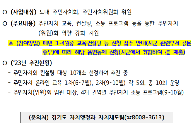 ○ (사업대상) 도내 주민자치회, 주민자치위원회 위원/ ○ (주요대상) 주민자치 교육, 컨설팅, 소통 프로그램 등을 통한 주민자치(위원)회 역량 강화 지원 ※ (참여방법) 매년 3~4월중 교육·컨설팅 등 신청 접수 안내(시군 관련부서 공문 송부)에 따라 해당 읍면동에 신청(시군에서 취합하여 道 제출)/ ○ ('23년 추진현황) - 주민자치회 컨설팅 대상 10개소 선정하여 추진 중/ -주민자치 온라인 교육 1차(6~7월), 2차(9~10월) 각 5회, 총 10회 운영/ - 주민자치(위원)회 임원 대상, 4개 권역별 주민자치 소통 프로그램(9~10월) / (문의처) 경기도 자치행정과 자치제도팀( ☎8008-3613)