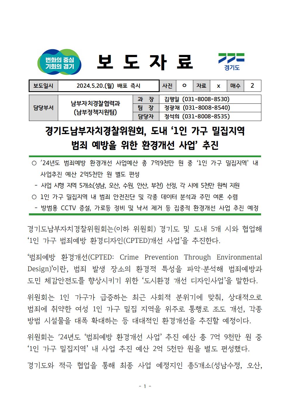 경기남부자치경찰위, 도내 1인 가구 밀집지역 범죄 예방을 위한 환경개선 사업추진 | 보도자료 | 알림마당 | 경기도남부자치경찰위원회... 