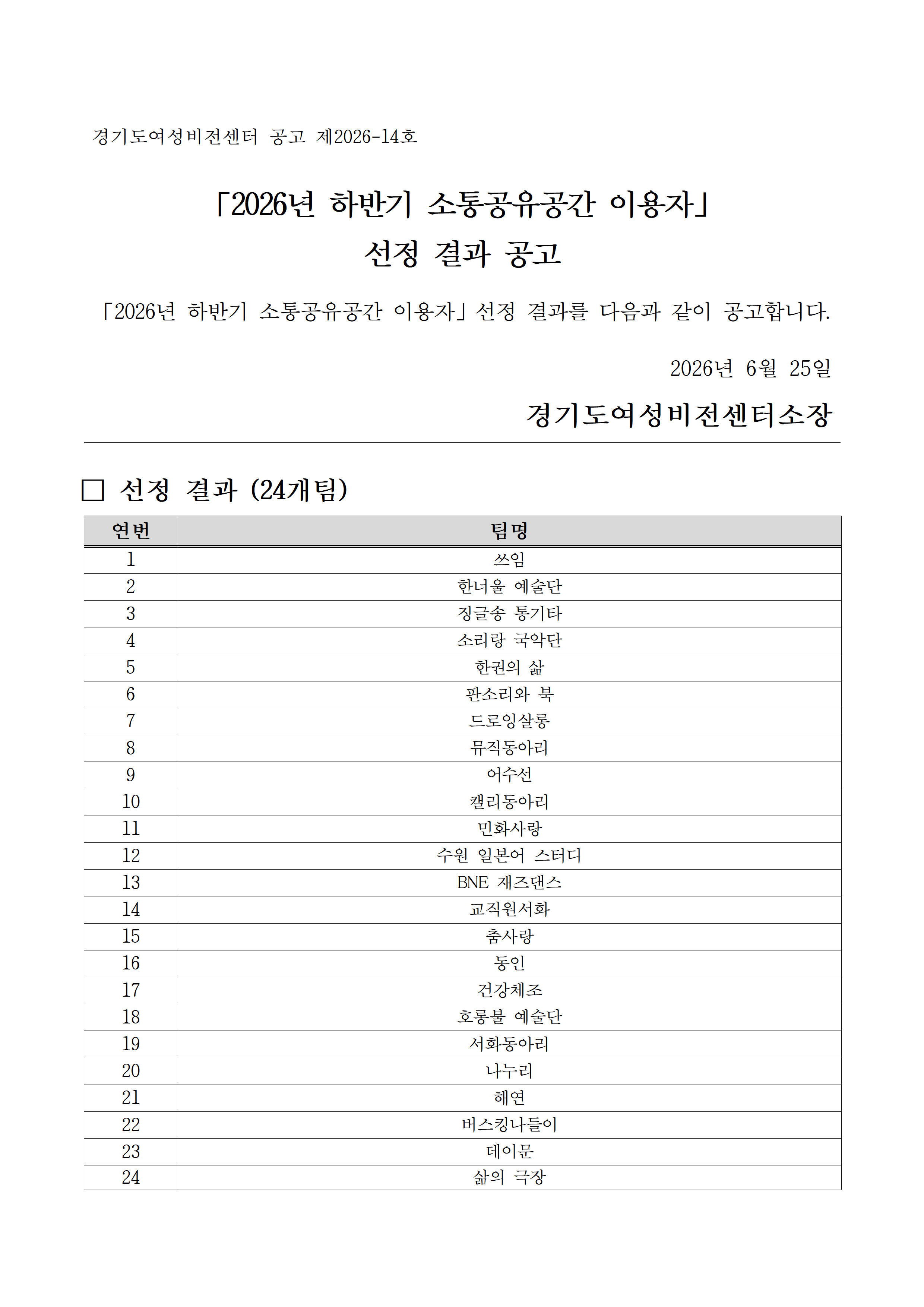 2026년 하반기 소통공유공간 이용자 선정 결과 공고문