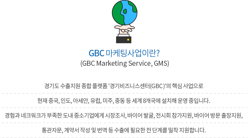 GBC 마케팅사업(GBC Marketing Service, GMS)이란?  경기도가 현재 중국, 인도, 아세안, 유럽, 미주, 중동 등 세계 8개국에 설치해 운영 중인 수출지원 종합 플랫폼 ‘경기비즈니스센터(GBC)’의 핵심 사업입니다.경험과 네크워크가 부족한 도내 중소기업에게 시장조사, 바이어 발굴, 전시회 참가지원, 바이어 방문 출장지원, 통관자문, 계약서 작성 및 번역 등 수출에 필요한 전 단계를 밀착 지원합니다.