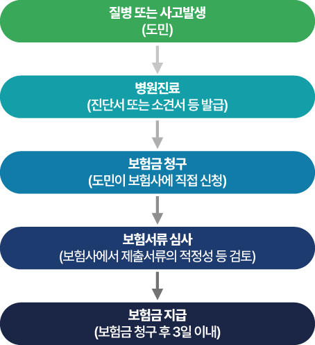 질병 또는 사고발생(도민) / 병원진료(진단서 또는 소견서 등 발급) / 보험금 청구(도민이 보험사에 직접 신청) / 보험서류 심사(보험사에서 제출서류의 적정성 등 검토) / 보험금 지급(보험금 청구 후 3일 이내)