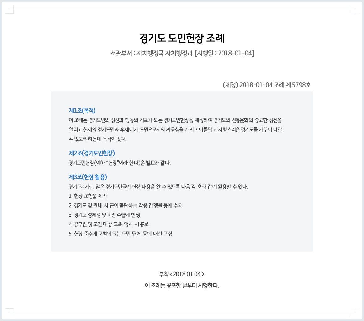 경기도 도민헌장 조례 (소관부서:자치행정국 자치행정과[시행일:2018-01-04]) (제정)2018-01-04 조례 제 5798호 , 제1조(목적) 이 조례는 경기도민의 정신과 행동의 지표가 되는 경기도민헌장을 제정하여 경기도의 전통문화와 숭고한 정신을 알리고 현재의 경기도민과 후세대가 도민으로서의 자긍심을 가지고 아름답고 자랑스러운 경기도를 가꾸어 나갈 수 있도록 목적이 있다. 제2조(경기도민헌장) 경기도민헌장(이하'헌장'이라 한다)은 별표와 같다. 제3조(헌장 활용) 경기도지사는 많은 경기도민들이 헌장 내용을 알 수 있도록 다음 각 호와 같이 활용할 수있다. 1.헌장 조형물 제작 2.경기도 및 관내 시·군이 출판하는 각종 간행물 등에 수록 3.경기도 정체성 및 비전 수립에 반영 4.공무원 및 도민 대상 교육·행사 시 홍보 5.헌장 준수에 모범이 되는 도민·단체 등에 대한 포상 , 부칙<2018.01.04> 이 조례는 공포한 날부터 시행한다.