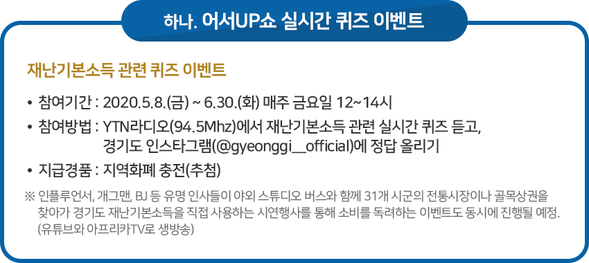 이벤트 하나, 찾아가는 현장 이벤트 / 인플루언서, 개그맨, BJ 등 유명 인사들이 야외 스튜디오 버스와 함께 31개 시군의 전통시장이나 골목상권을 찾아가 경기도 재난기본소득을 직접 사용하는 시연행사를 통해 소비를 독려하는 이벤트. 인터넷 생중계로 진행될 예정. / · 참여기간 : 2020.5.8.(금) ~ 6.30.(화) 매주 금요일 오후 12~14시 / · 참여방법 : YTN라디오(94.5Mhz)에서 재난기본소득 관련 실시간 퀴즈 듣고, 경기도 인스타그램(@gyeonggi__official)에 정답 올리기 / · 지급경품 : 지역화폐(추첨)