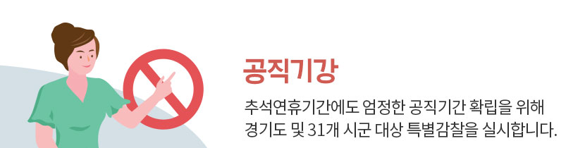 추석연휴기간에도 엄정한 공직기간 확립을 위해 경기도 및 31개 시군 대상 특별감찰을 실시합니다.