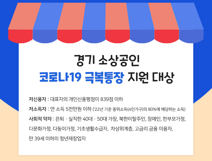 경기 소상공인 코로나19 극복통장 지원 대상 저신용자 대표자의 개인신용평점이 839점 이하
저소득자 연 소득 5천만원 이하 사회적 약자 은퇴·실직한 40대·50대 가장, 북한이탈주민, 장애인, 한부모가정, 다문화가정, 다둥이가정, 기초생활수급자, 차상위계층, 고금리 금융 이용자, 만 39세 이하의 청년재창업자