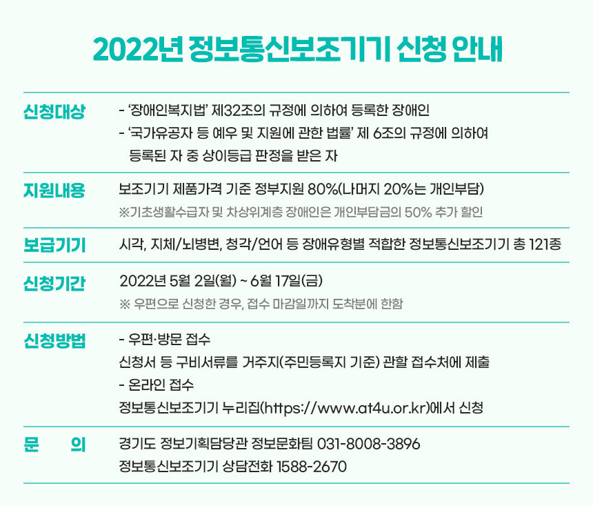 2022 정보통신보조기기 보급사업 신청자 모집 | [임시] 경기도는오늘 | 경기도는 오늘 | 뉴스 | 경기도청 2022 정보통신보조기기 보급사업 신청자... 