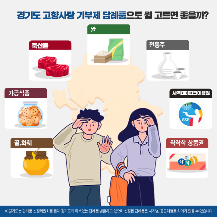 경기도 고향사랑 기부제 답례품으로 뭘 고르면 좋을까? / 쌀,전통주, 사격테마파크이용권, 착착착 상품권, 꿀,화훼,가공식품, 축산물 / 경기도는 답례품 선정위원회를 통해 경기도의 특색있는 답례품 발굴하고 있으며 선정된 답례품은 시기별, 공급처별로 차이가 있을 수 있습니다.