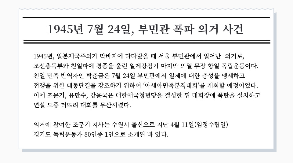 1945년 7월 24일, 부민관 폭파 의거 사건. 1945년, 일본제국주의가 막바지에 다다랐을 때 서울 부민관에서 일어난  의거로, 조선총독부와 친일파에 경종을 울린 일제강점기마지막 의열 무장 항일 독립운동이다. 친일 민족 반역자인 박준금은 7월 24일 부민관에서 일제에 대한 충성을 맹세하고 전쟁을 위한 대동단결을 강조하기 위하여 ‘아세아민족분격대회’를 개최할 예정이었다. 이에 조문기, 유만수, 강윤국 대한애국청년당을 결성한 뒤 대회장에 폭탄을 설치하고 연설 도중 터뜨려 대회를 무산시켰다. 의거에 참여한 조문기 지사는 수원시 출신으로 지난 4월 11일(임정수립일) 경기도 독립운동가 80인중 1인으로 소개된 바 있다.