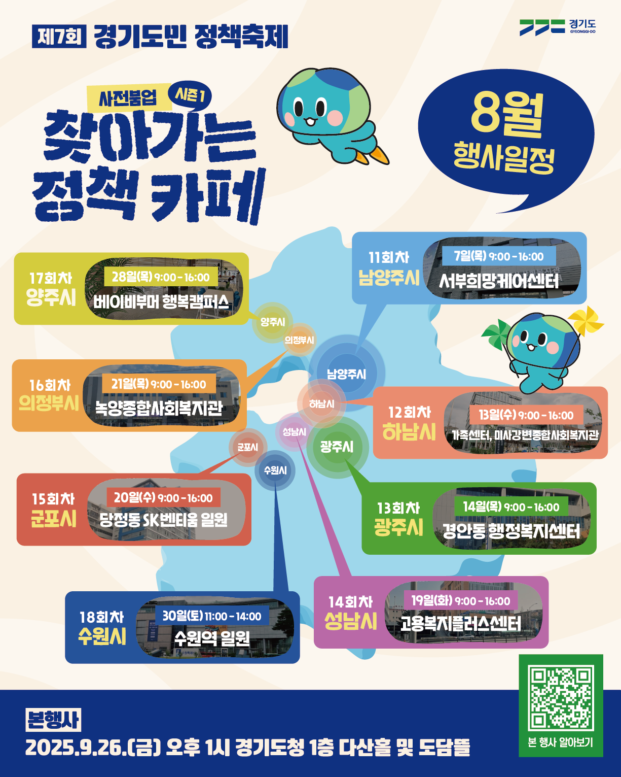 경기도 / 제8회 경기도민 정책 축제 / 시즌1 사전붐업 찾아가는 정책 카페 /7월 행사일정- 4회차 고양시 10일(목)08:00 ~ 14:00 삼송테크노벨리 / 5회차 광명시 11일(금) 08:00 ~ 14:00 GIDC 광명역 / 6회차 파주시 17일(목) 09:00 ~ 14:00 운정역 일원 / 7회차 안양시 18일(금) 08:00 ~ 14:00 IS비즈타워 / 8회차 부천시 23일(수) 08:00 ~ 14:00 춘의테크노파크 일원 / 9회차 시흥시 24일(금) 08:00 ~ 14:00 길산SST지식산업센터 / 10회차 화성시 25일(금) 11:00 ~ 14:00 금강펜테리움IX타워 / 본행사 2025.9.26(금) 오후 1시 경기도청 1층 다산홀 및 도담뜸