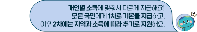 개인별 소득에 맞춰서 다르게 지급해요! 모든 국민에게 1차로 기본을 지급하고, 이후 2차에는 지역과 소득에 따라 추가로 지원해요.