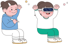 vr기기를 착용한 아이와 그를 지켜보고있는 아이 일러스트