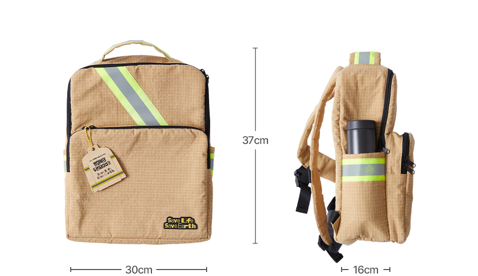 백팩 샘플 이미지:사이즈 도면 높이 37cm 폭 16cm 너비 30cm