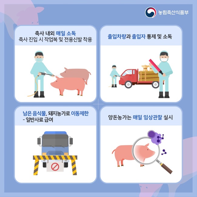 아프리카돼지열병 발생 예방 비상 행동수칙(양돈농가 및 양돈산업 관계자) 인포그래픽 상세 내용 하단 참조