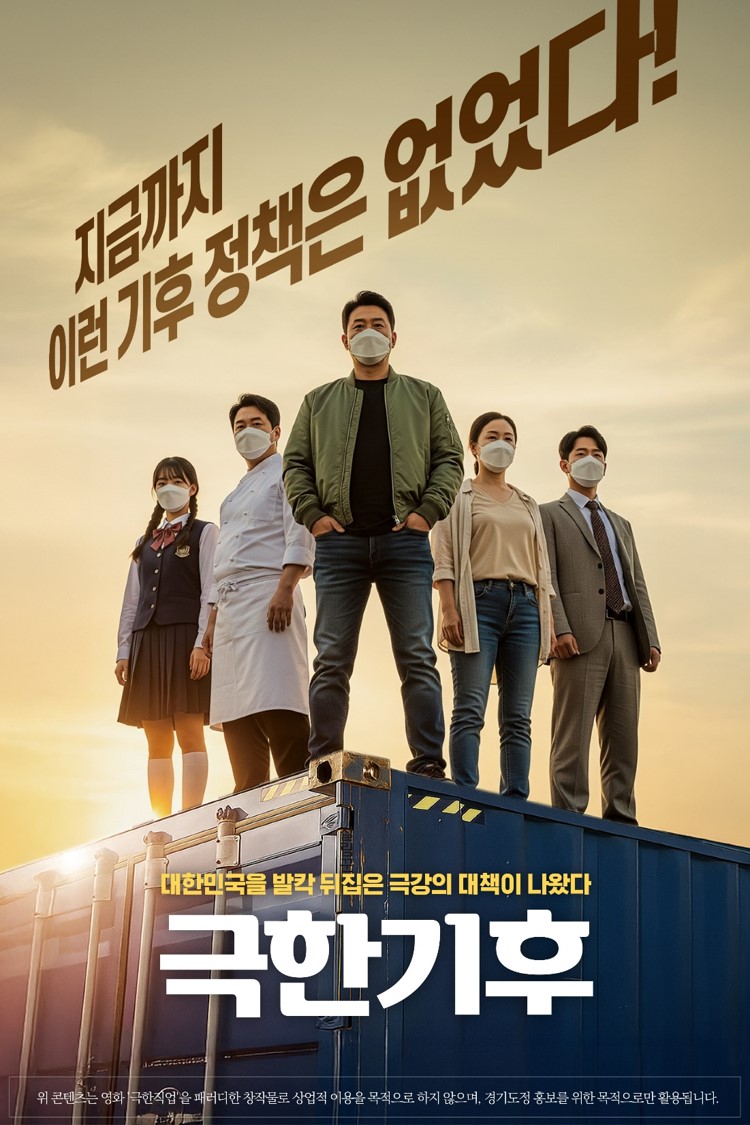 (1) 기후정책 포스터: 지금까지 이런 기후 정책은 없었다! 극한기후. 대한민국을 발칵 뒤집은 극강의 대책이 나왔다. 위 콘텐트츠는 영화 '극한직업'을 패러디한 창작물로, 상업적 이용을 목적으로 하지 않으며 경기도청 홍보를 위한 목적으로만 활용됩니다.