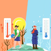 기후보험. 덥고 추운 온도차를 묘사하는 일러스트