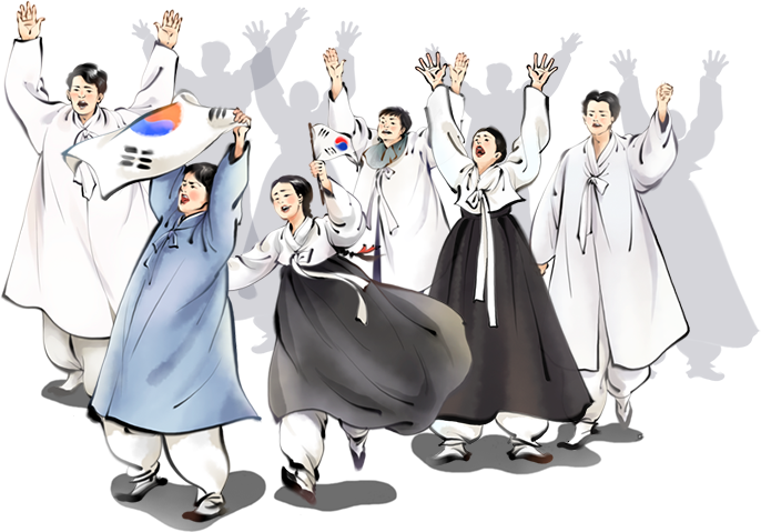 한복을 입은채 대한민국 만세삼창을 외치고 있는 남녀노소의 독립운동가들