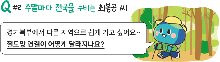 Q#2_주말마다 전국을 누비는 최봉공씨 / 경기북부에서 다른 지역으로 쉽게 가고 싶어요~ 철도망 연결이 어떻게 달라지나요?