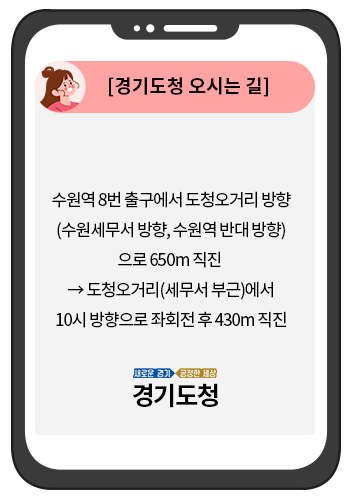 [경기도청 오시는 길] 수원역 8번 출구에서 도청오거리 방향(수원세무서 방향, 수원역 반대 방향)으로 650m 직진 > 도청오거리(세무서 부근)에서 10시 방향으로 좌회전 후 430m 직진