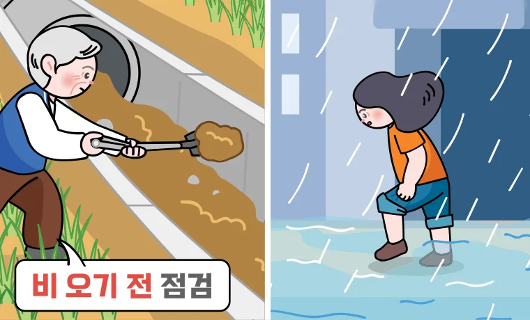 비 내리기 전 배수로 점검/물에 잠긴 도로 위를 조심히 걷는 이미지