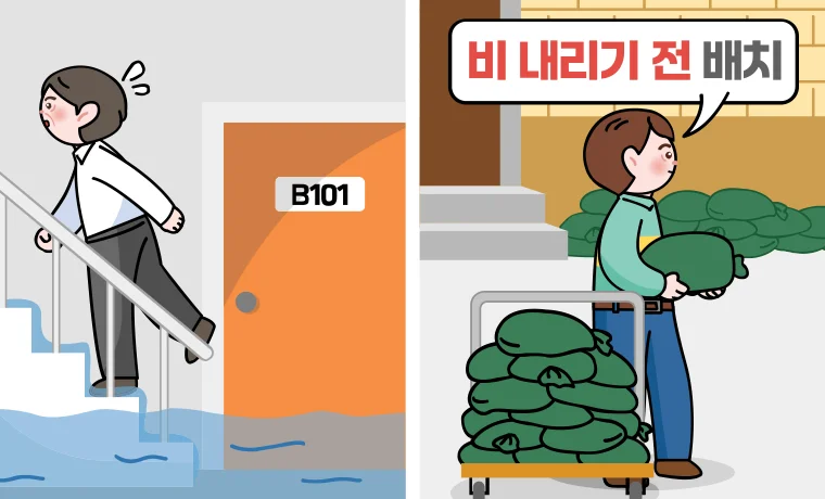 높은곳으로 대피하는 모습, 수방자재 사전배치하는 모습