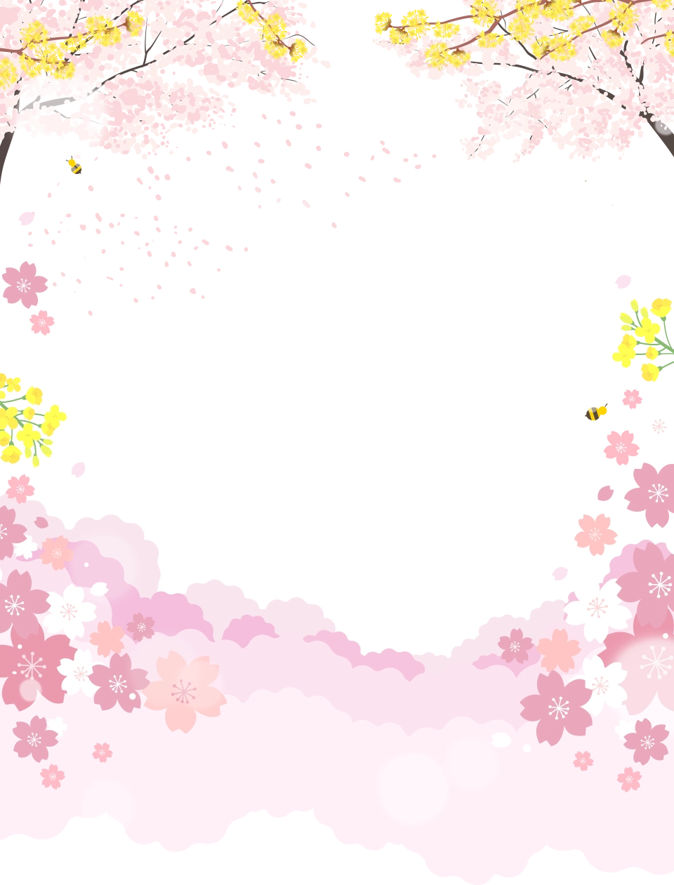 구름이 떠다니는 맑은 하늘을 배경으로 만개한 벚꽃과 유채꽃 일러스트