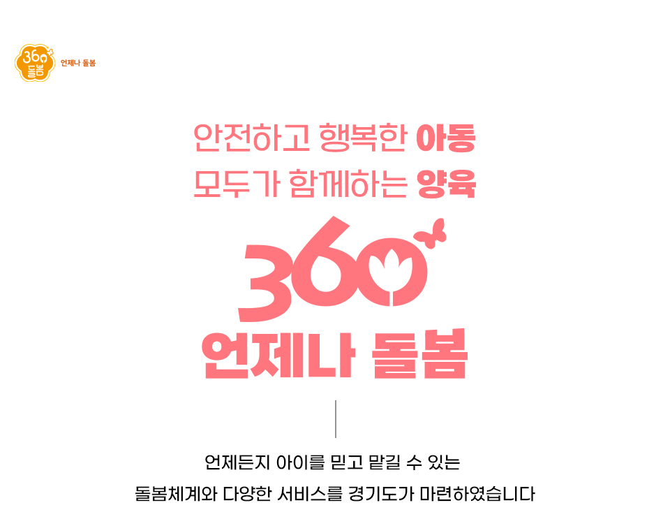 360돌봄 언제나 돌봄 안전하고 행복한 아동 모두가 함께하는 양육 360 언제나 돌봄 언제든지 아이를 믿고 맡길 수 있는 돌봄 체계와 다양한 서비스를 경기도가 마련하였습니다.