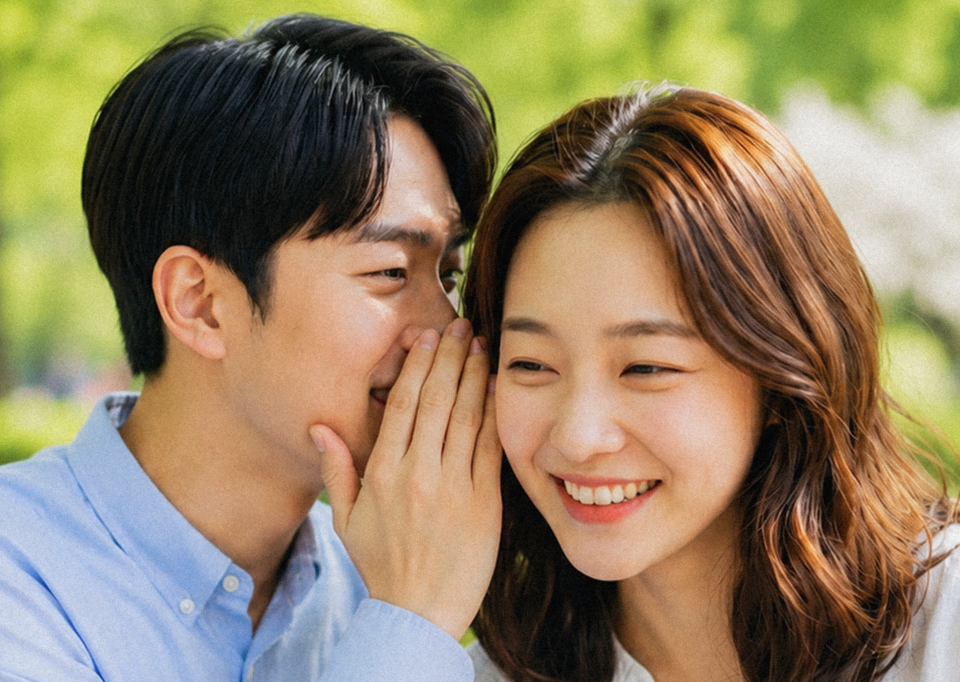 귓속말을 하고 있는 청춘남녀 사진