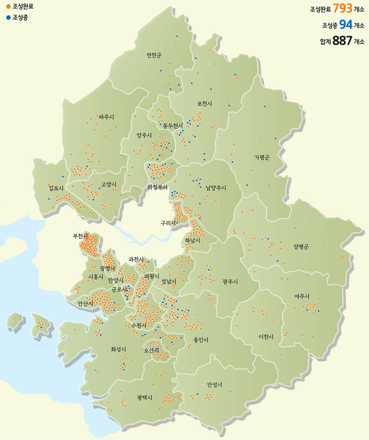 경기 흙향기 맨발길 현황 경기도 지도 / 조성완료 739개소, 조성중 94개소, 합계 887개소/ 자세한 내용은 하단 참조