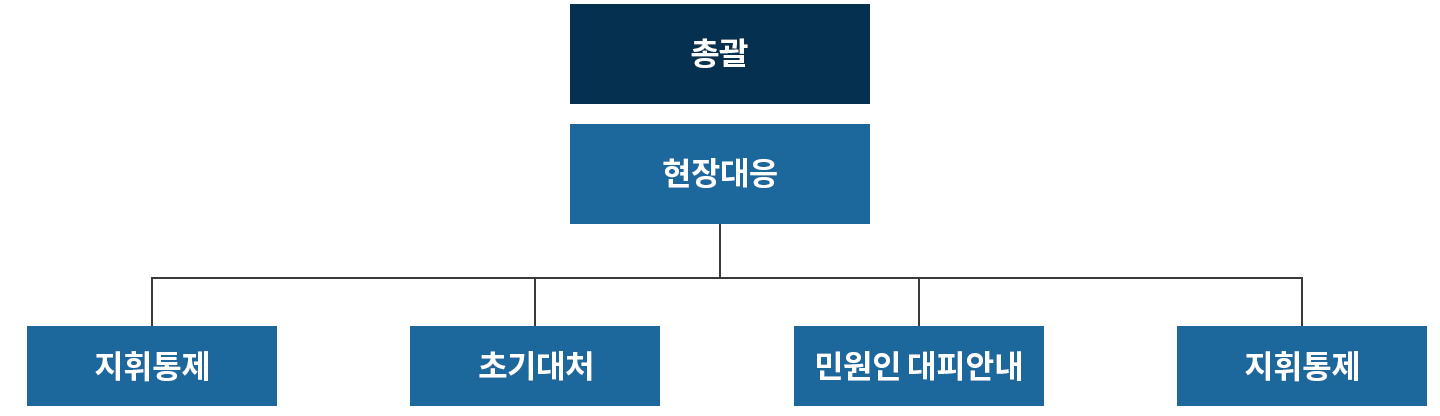 총괄 - 현장대응 (지휘통제, 초기대처, 민원인 대피 안내, 지휘통제)