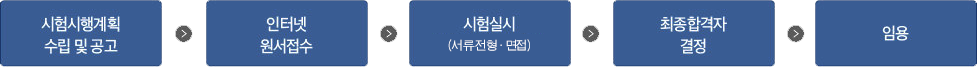 시험시행계획 수립 및 공고 / 인터넷 원서접수 / 시험실시(서류전형·면접) / 최종합격자 결정 / 임용