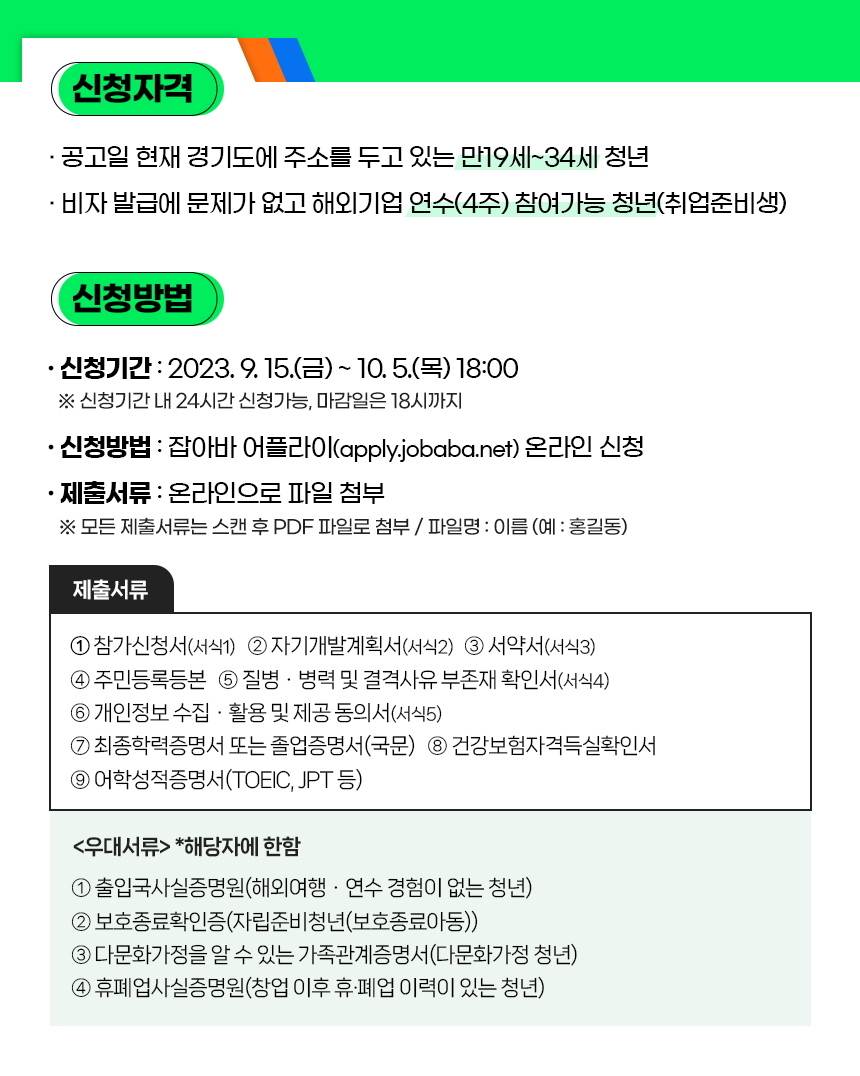 신청자격 / 공고일 현재 경기도에 주소를 두고 있는 만 19세 ~ 34세 청년 / 비자 발급에 문제가 없고 해외기업 연수(주) 참여가능 청년(취업준비생) / 신청방법 / 신청기간 : 2023. 9. 15(금) ~ 10. 5(목) 18:00 / 신청기간 내 24시간 신청가능, 마감일은 18시 까지 / 신청방법 잡아바 어플라이(apply.jobaba.net) 온라인 신청 / 제출서류 온라인으로 파일 첨부 / 모든 제출서류는 스캔 후 PDF  파일로 첨부 / 파일명 : 이름(홍길동) / 제출서류 1. 참가신청서(서식1) 2. 자기개발계획서(서식2) 3. 서약서(서식3) 4. 주민등록등본 5. 질병·병력 및 결격사유 부존재 확인서(서식4) 6. 개인정보 수집·활용 및 제공 동의서(서식5) 7. 최종학력증명서 또는 졸업증명서(국문) 8. 건강보험자격득실확인서 9. 어학성적증명서(TOEIC, JPT등) / <우대서류> *해당자에 한함 1. 출입국사실증명원(해외여행·연수경험이 없는 청년) 2. 보호종료확인증(자립준비청년(보호종료아동)) 3. 다문화가정을 알 수 있는 가족관계증명서(다문화가정 청년) 4. 휴폐업사실증명원(창업 이후 휴·폐업 이력이 있는 청년)