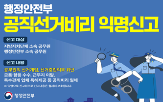 행정안전부 공직선거비리 익명신고 / 신고대상-지방자치단체 소속 공무원 행정안부 소속 공무원 / 신고내용-공무원의 선거개입,선거중립의무 위반 , 금품.향응 수수, 근무지이탈, 특수관계 업체 특혜제공 등 공직비리 일체 *익명으로 신고하므로 신고내용은 철저히 보호됩니다./ 행정안전부